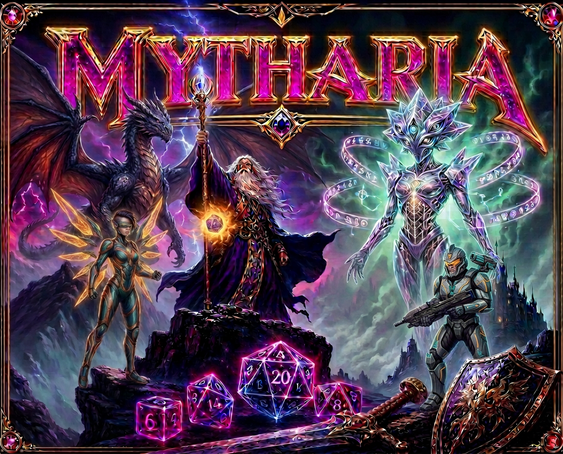 Mytharia key art with a wizard, dragon, sci-fi soldier and alien intelligence